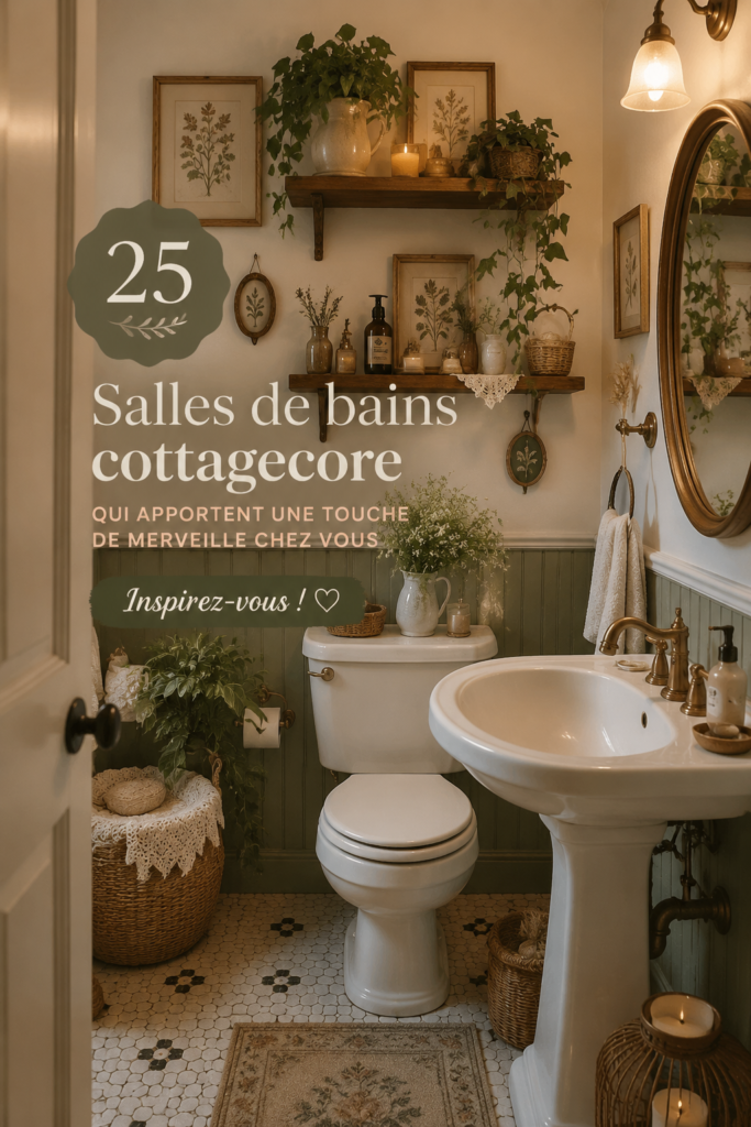 Une salle de bain cottagecore chaleureuse avec des éléments en bois et des plantes.