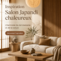 Salon Japandi chaleureux avec des touches de bois et des couleurs douces.