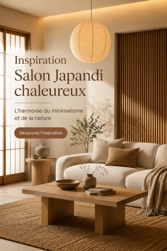 Salon Japandi chaleureux avec des touches de bois et des couleurs douces.