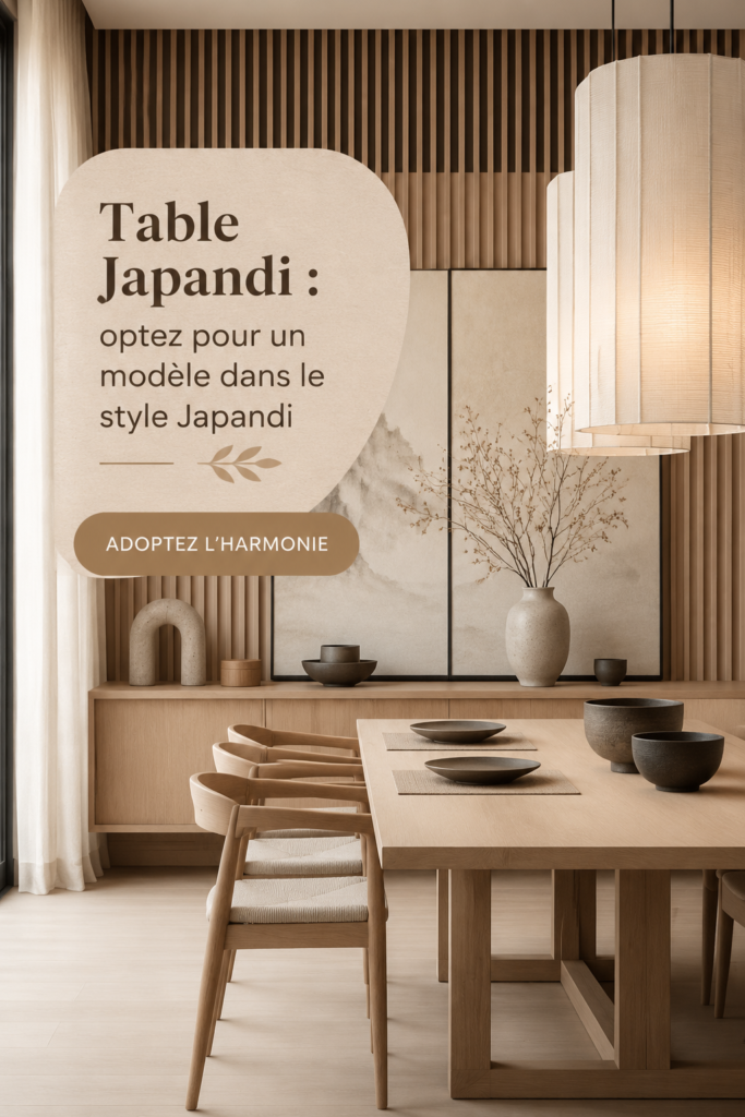 Table en bois dans le style Japandi avec des chaises assorties dans un intérieur chaleureux.