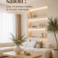 Salon moderne et accueillant avec des éléments décoratifs tendance