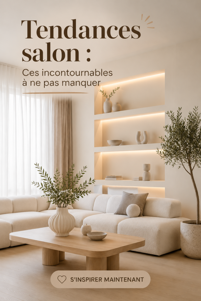 Salon moderne et accueillant avec des éléments décoratifs tendance