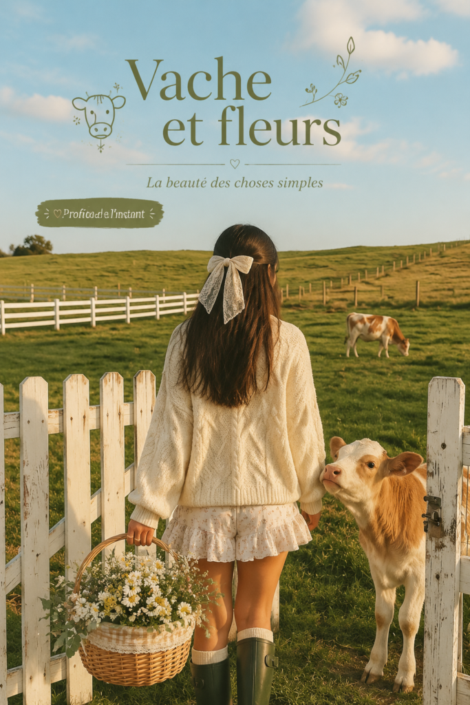 Une décoration intérieure alliant vaches et fleurs colorées, créant une ambiance chaleureuse.