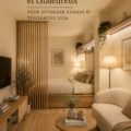 Agencement d'un appartement studio minimaliste avec des meubles pratiques et une décoration chaleureuse.