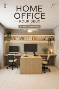 Aménagement d'un bureau moderne à deux avec desk spacieux et décor chaleureux.