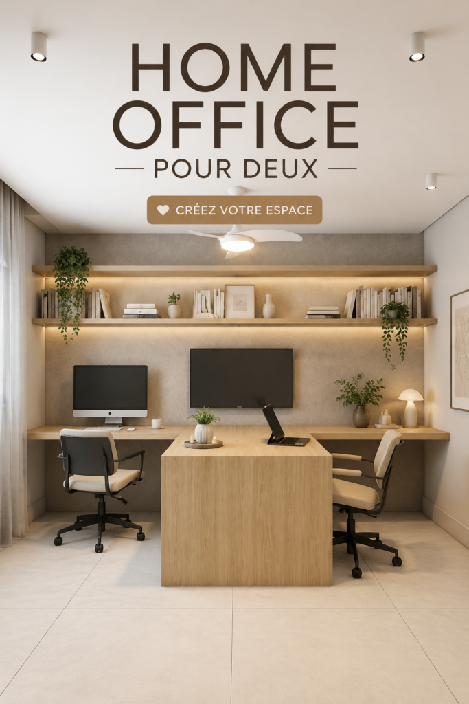 Aménagement d'un bureau moderne à deux avec desk spacieux et décor chaleureux.