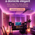 Bureau home studio moderne avec surfaces en bois et équipements audio