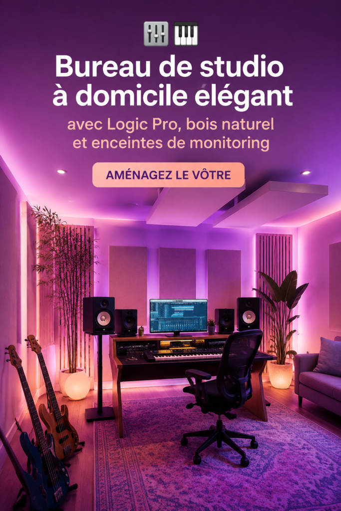 Bureau home studio moderne avec surfaces en bois et équipements audio