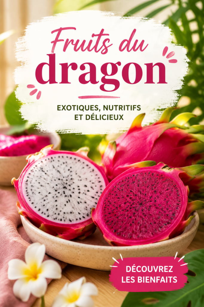 Photographie d'un fruit du dragon coupé en deux, révélant sa pulpe blanche et ses graines noires dans une cuisine lumineuse.