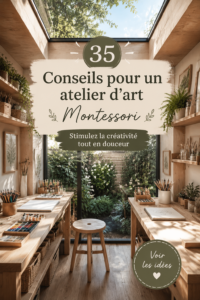 Un studio d'art Montessori coloré et accueillant avec des fournitures artistiques.