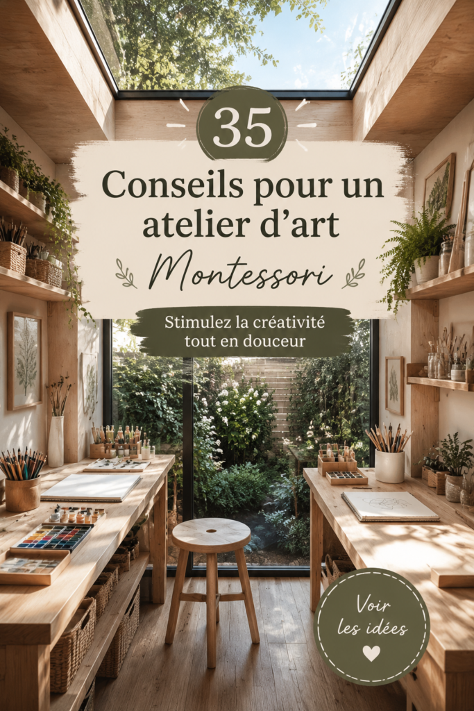 Un studio d'art Montessori coloré et accueillant avec des fournitures artistiques.