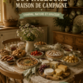 Salon décoré dans le style cottagecore avec des meubles en bois et des textiles doux.