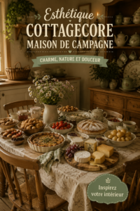 Salon décoré dans le style cottagecore avec des meubles en bois et des textiles doux.