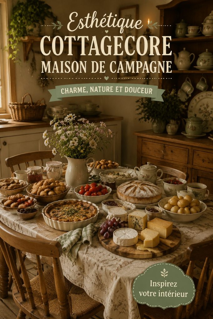 Salon décoré dans le style cottagecore avec des meubles en bois et des textiles doux.