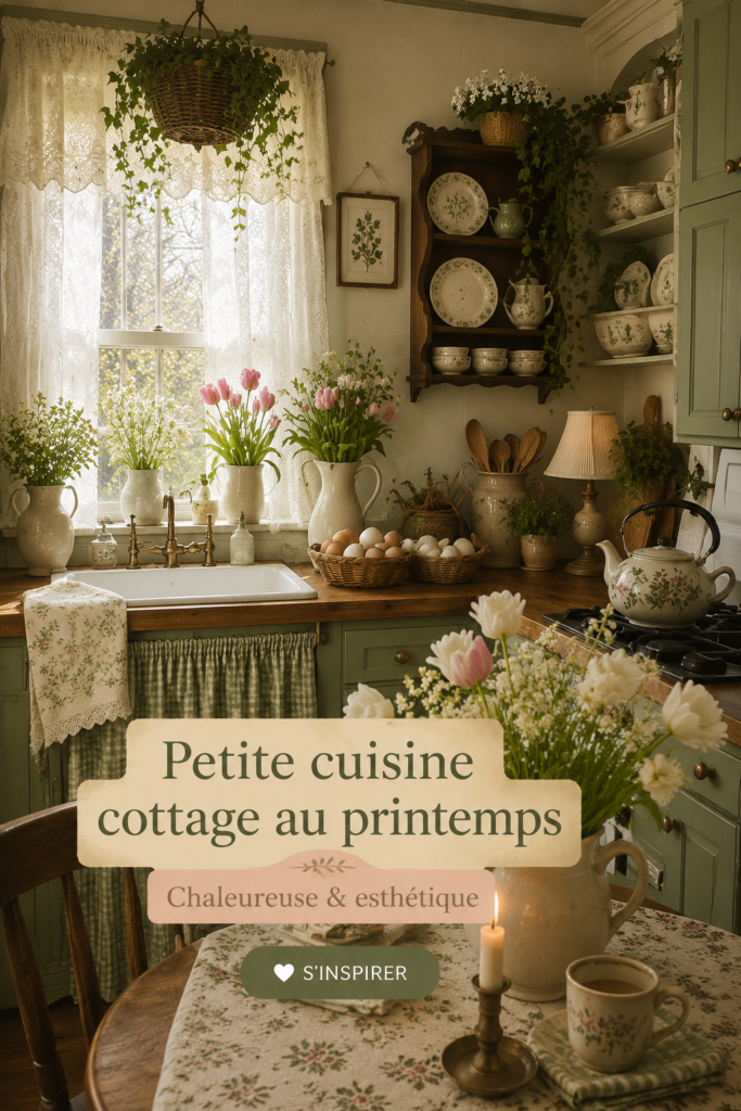Cuisine cottage confortable avec des touches printanières et des éléments esthétiques.