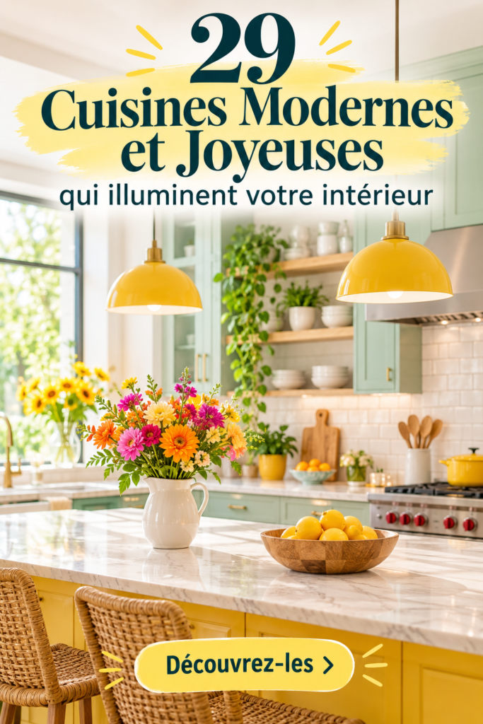 Cuisine moderne avec un éclairage naturel et des couleurs vibrantes.