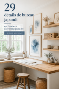 Un bureau décoré dans un style Japandi apaisant avec des éléments naturels.