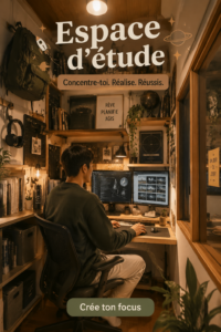 Espace d'étude lumineux et bien organisé avec un bureau et des accessoires inspirants.