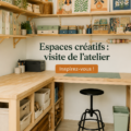 Un espace de travail créatif avec des couleurs vives et des œuvres d'art