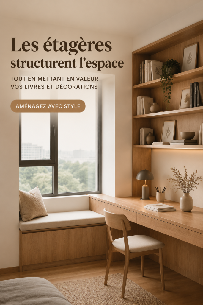 Étagère en bois décorée avec des livres et des objets de décoration dans un intérieur chaleureux.