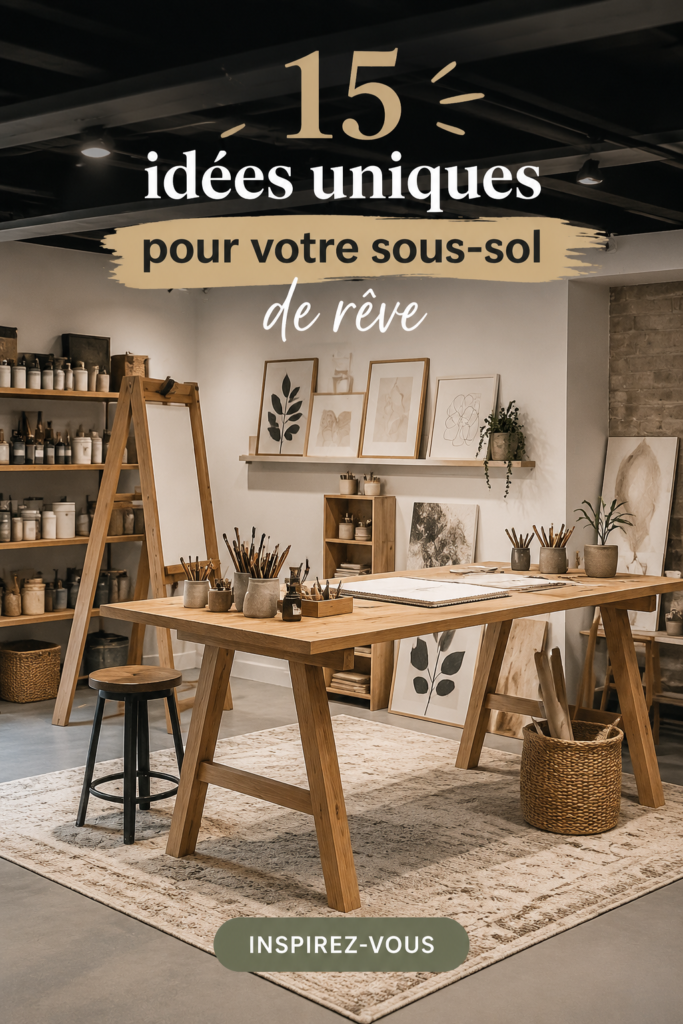 Sous-sol aménagé en espace de vie chaleureux avec canapé et décor moderne