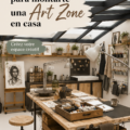 Espace artistique aménagé dans une maison, avec des pinceaux et de la peinture sur une table.