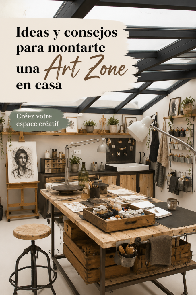 Espace artistique aménagé dans une maison, avec des pinceaux et de la peinture sur une table.
