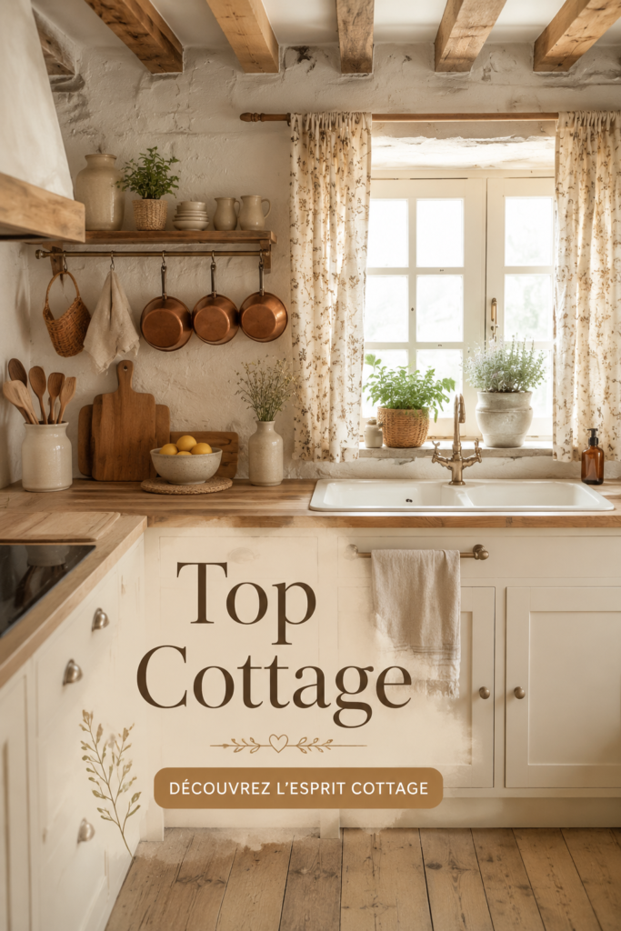 Cuisine chaleureuse dans le style cottage-core avec des éléments en bois et des plantes