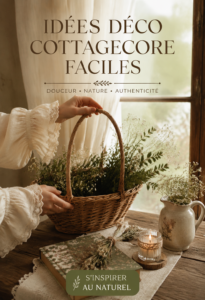 Intérieur décoré dans un style cottagecore, avec des éléments naturels et des couleurs pastel.