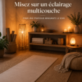 Pièce de yoga apaisante avec éclairage doux et décoration zen