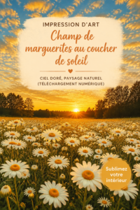 Impression numérique d'un coucher de soleil sur un champ de marguerites
