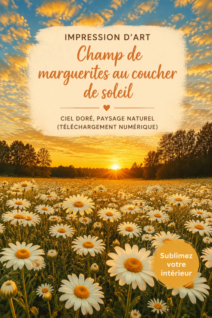Impression numérique d'un coucher de soleil sur un champ de marguerites