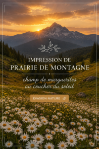 Impression de prairie de montagne avec un champ de marguerites au coucher du soleil