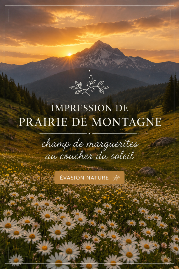 Impression de prairie de montagne avec un champ de marguerites au coucher du soleil