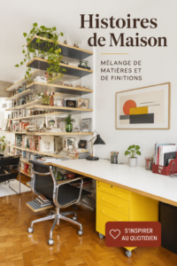 Intérieur chaleureux avec un mélange de finitions variées, incluant bois et métal.