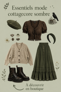 Femme élégamment vêtue de pièces cottagecore sombres dans un cadre naturel.
