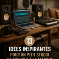 Un studio de musique à la maison avec des instruments et un bureau d'enregistrement.
