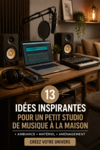 Un studio de musique à la maison avec des instruments et un bureau d'enregistrement.