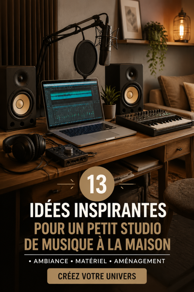 Un studio de musique à la maison avec des instruments et un bureau d'enregistrement.