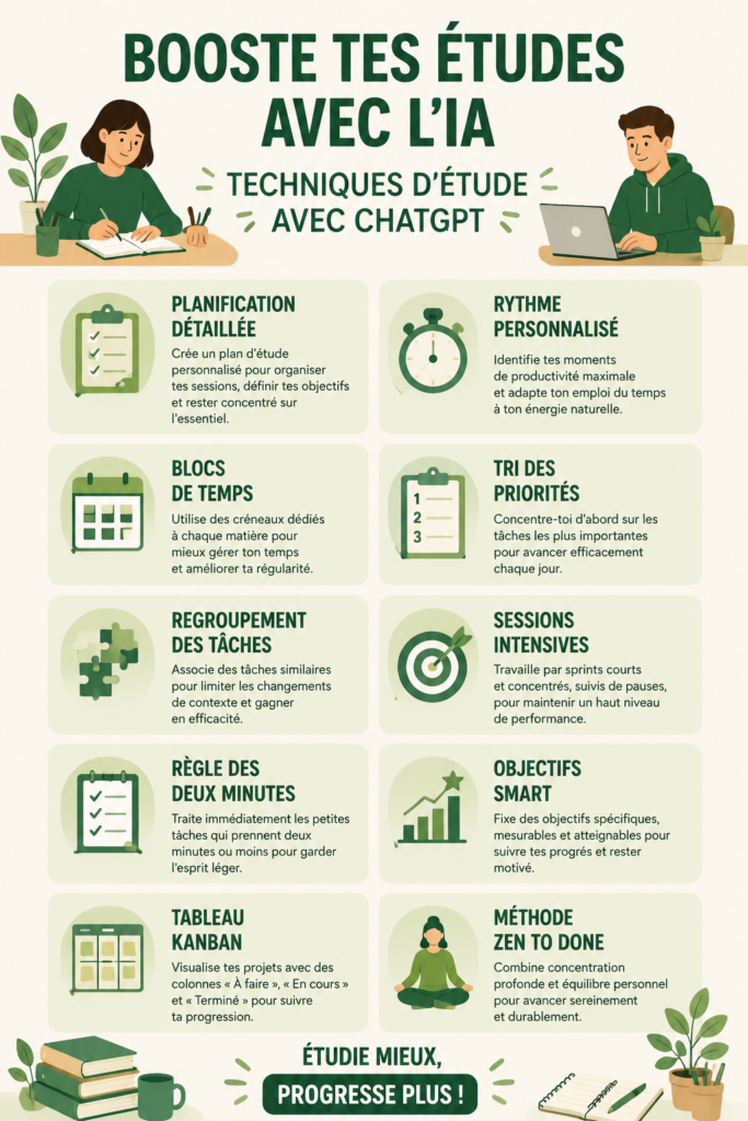 Une femme studieuse utilisant ChatGPT sur son ordinateur portable pour étudier efficacement, souriante et concentrée.