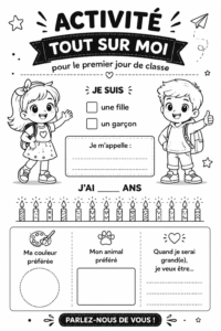 Enfants souriants présentant leur activité 'Tout sur moi' lors de la rentrée scolaire.