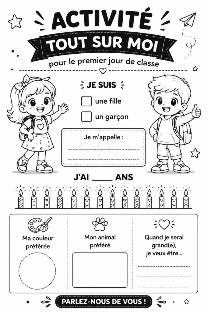 Enfants souriants présentant leur activité 'Tout sur moi' lors de la rentrée scolaire.