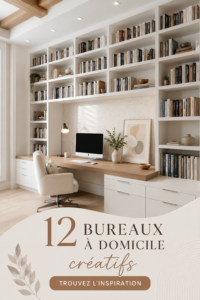 Bureau créatif et fonctionnel avec décoration chaleureuse et rangements intégrés.