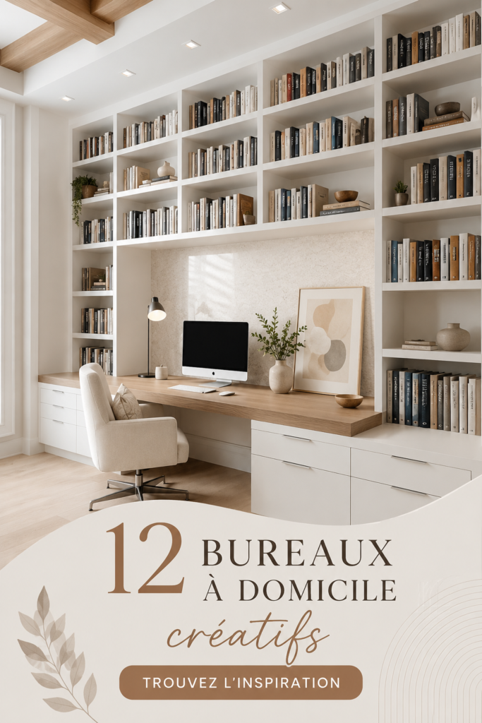 Bureau créatif et fonctionnel avec décoration chaleureuse et rangements intégrés.