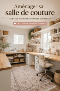Atelier de couture bien aménagé avec lumière naturelle et rangements pratiques
