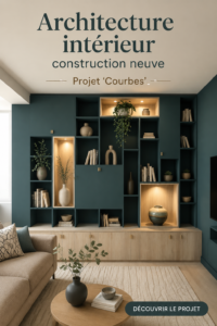 Vue d'un intérieur moderne inspiré par le projet 'Courbes' avec des lignes douces et design chaleureux.