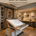 Atelier d'art chez soi avec des fournitures créatives et décorations chaleureuses.