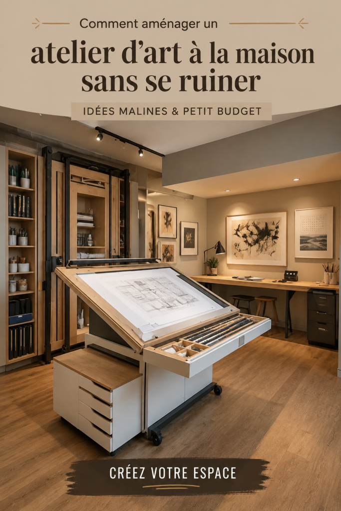 Atelier d'art chez soi avec des fournitures créatives et décorations chaleureuses.