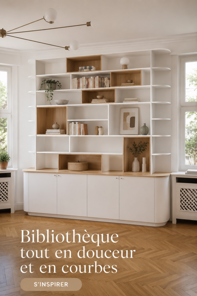 Bibliothèque aux courbes douces et modernes dans un intérieur cosy