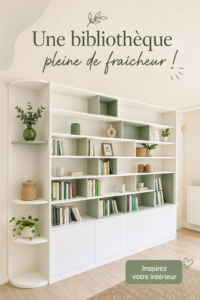 Bibliothèque moderne et accueillante avec des plantes et un éclairage chaleureux.